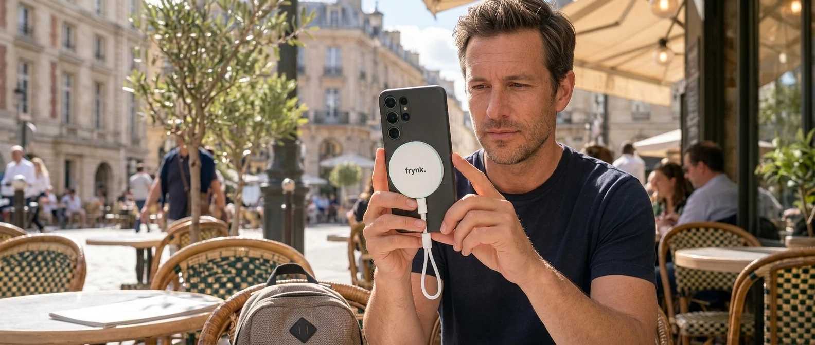 A traveller using an Android phone with branded Puck attached and connected by USB.