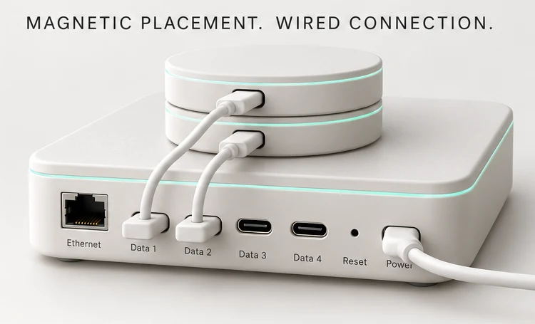Two magnetically stacked Pucks, each connected individually to Home by USB-C, plus separate Home power.