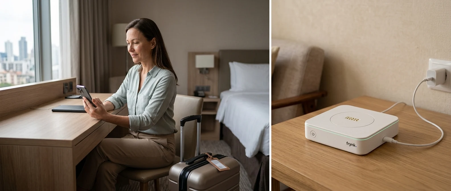 Two locations: a traveller using her phone at a hotel, and her powered personal cloud at home.