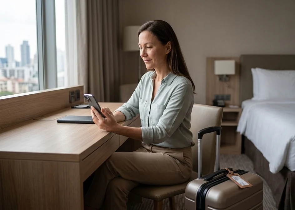 Away: a traveller uses her phone in a hotel.
