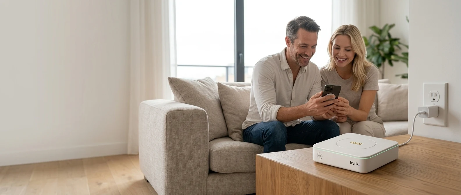 Two people enjoying photographs together, with branded Frynk Home powered on the nearby table.