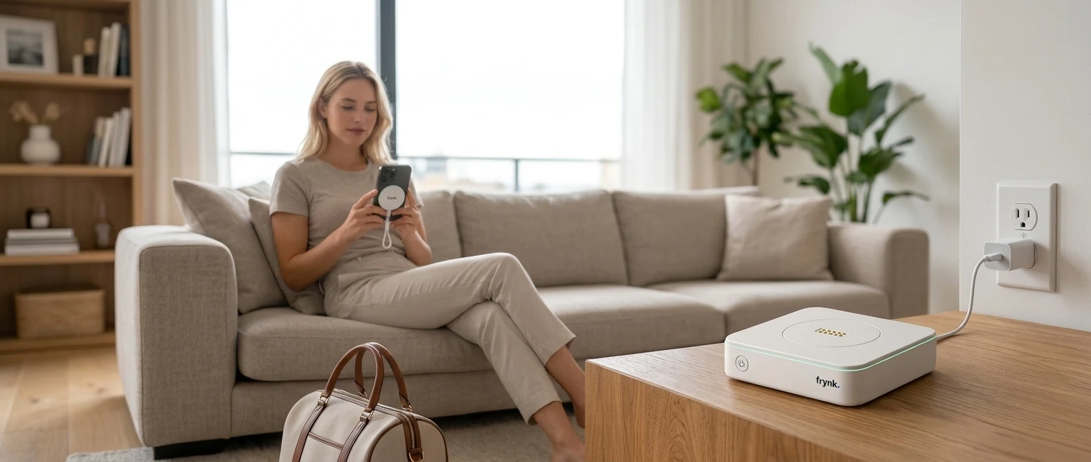 A woman using phone-connected Puck at home, with powered Frynk Home on the table.